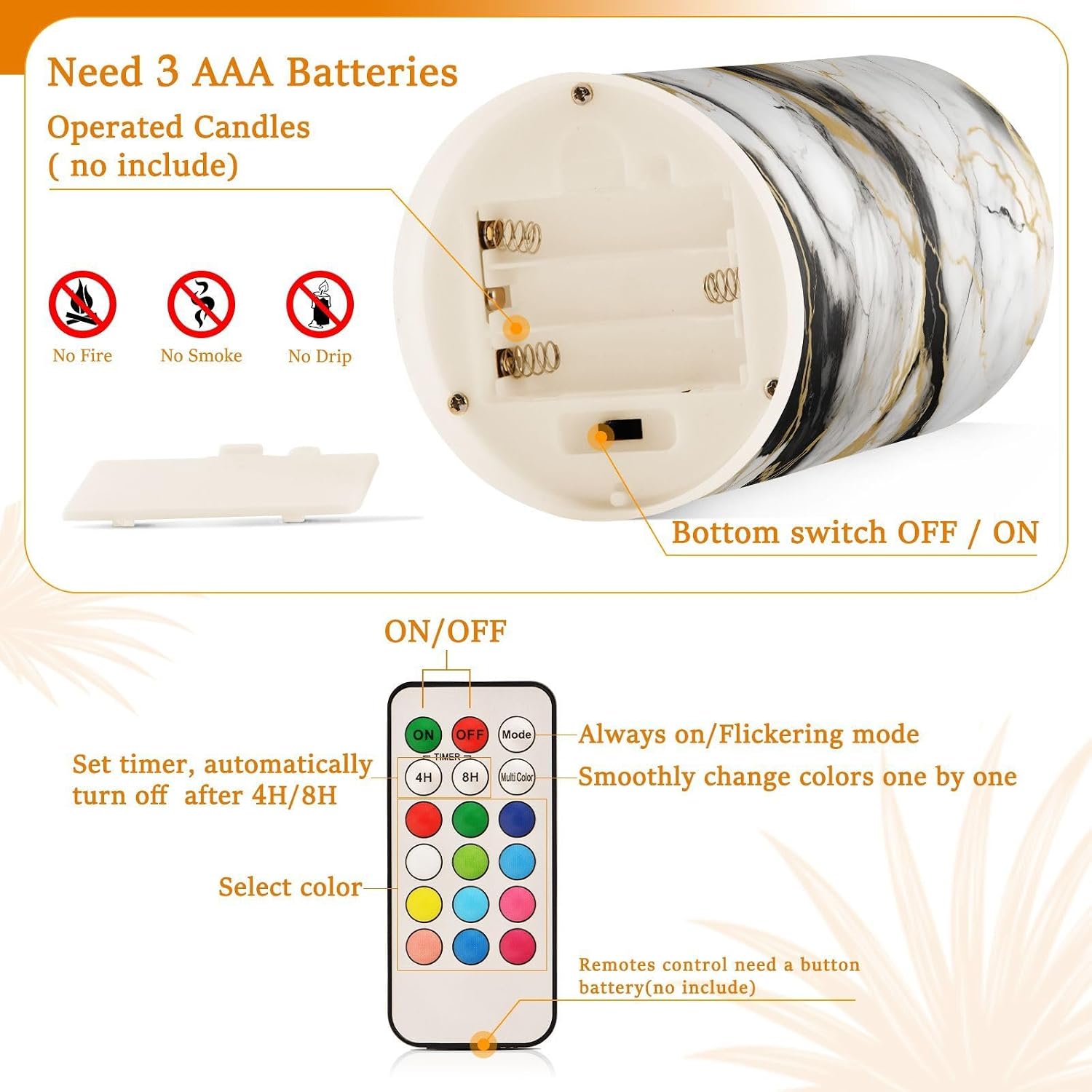 Flickering Flameless Candles, Golden White Black Marble LED Candles with Remote Timer, Set of 2 Battery Operated Candle
