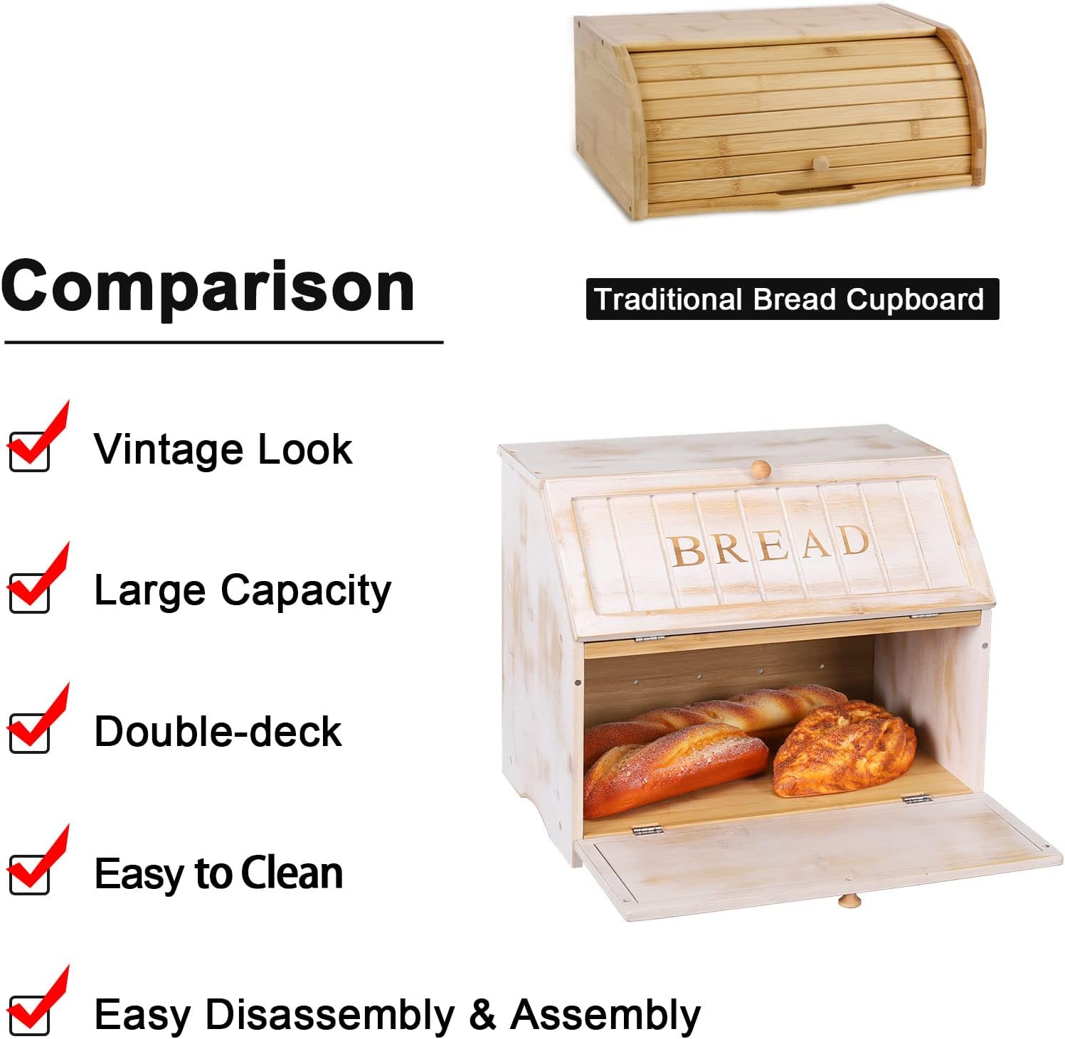 HOMEKOKO Vintage Double Layer Farmhouse Bread Box for Kitchen Counter,White | Keeps Bread Fresh 3-4 Days, 2-Tier