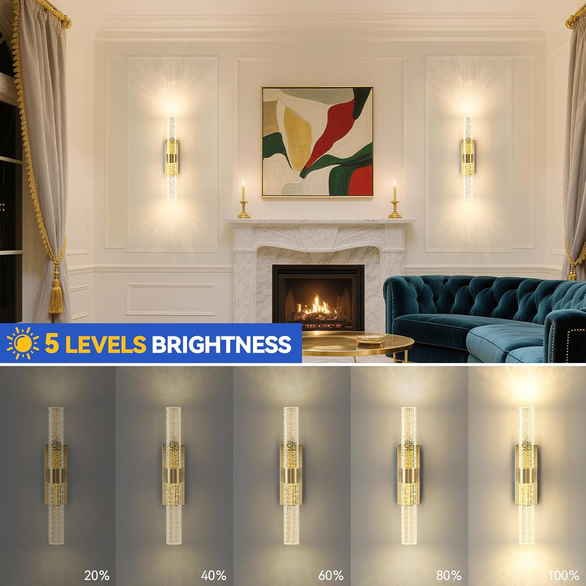 Battery Operated Wall Sconces Set of 2, 10000mAh Gold Rechargeable Wall Lights with Remote, Dimmable Wireless Wall Lamp