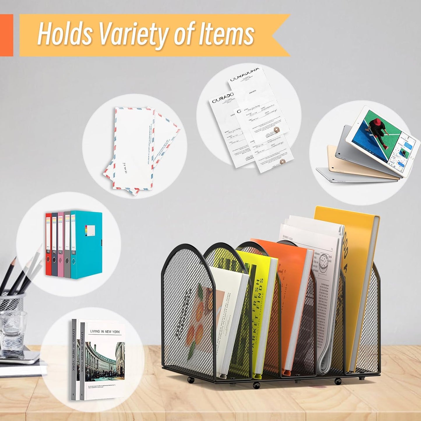 MINDEPOT Desk File Organizer 5 Sections Desktop Organizer File Mail Sorter Office Organization File Folder Holder for