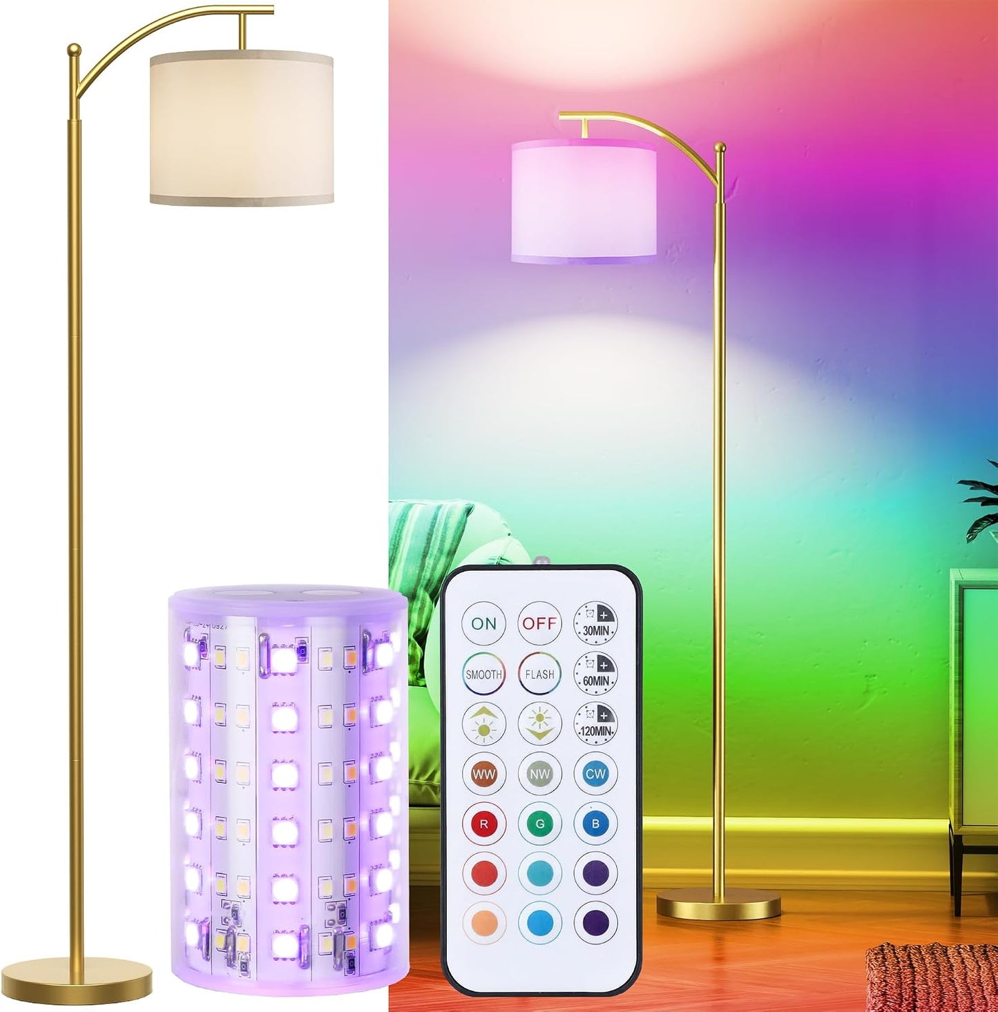 Battery Operated Floor Lamp, RGB Dimmable Cordless Standing Lamp with Remote Control for Living Room, Tall Floor Lamp