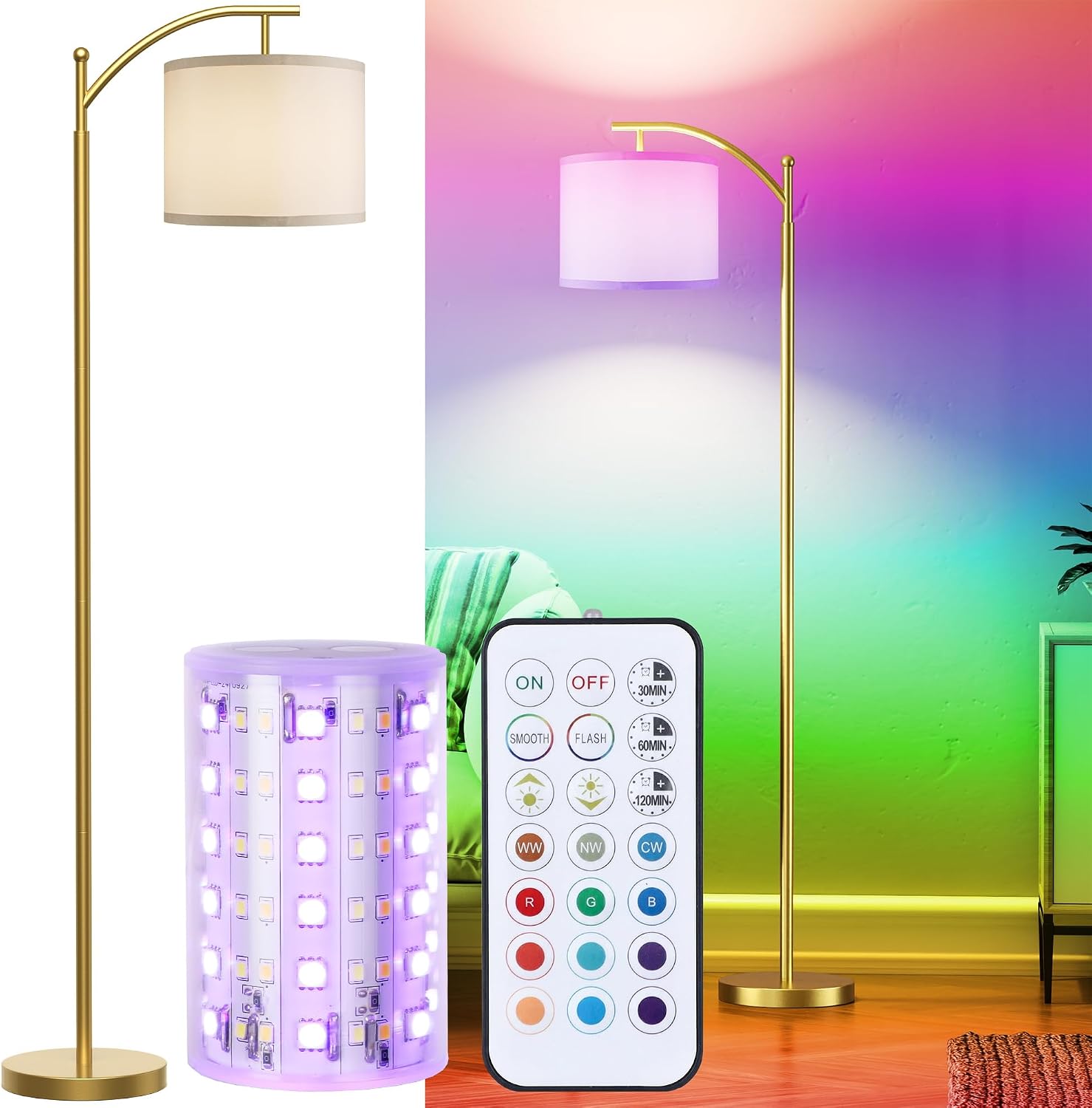 Battery Operated Floor Lamp, RGB Dimmable Cordless Standing Lamp with Remote Control for Living Room, Tall Floor Lamp