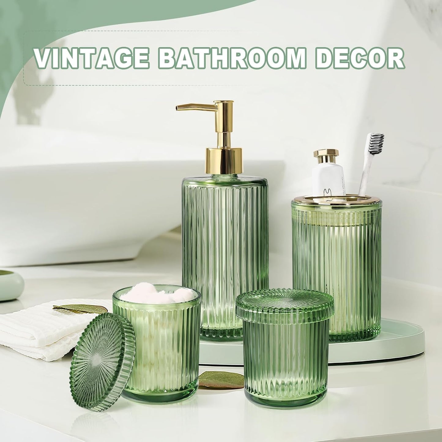 Green Glass Bathroom Accessories 4 Pcs, Green Bathroom Set, Soap Dispenser and Toothbrush Holder Set, Qtip Holder Set
