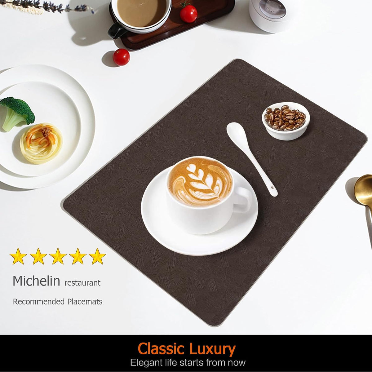 Coffee Plastic Placemats Set of 8, Faux Leather Waterproof Table Mats | Coffee Vinyl place mats,Wipeable and heat