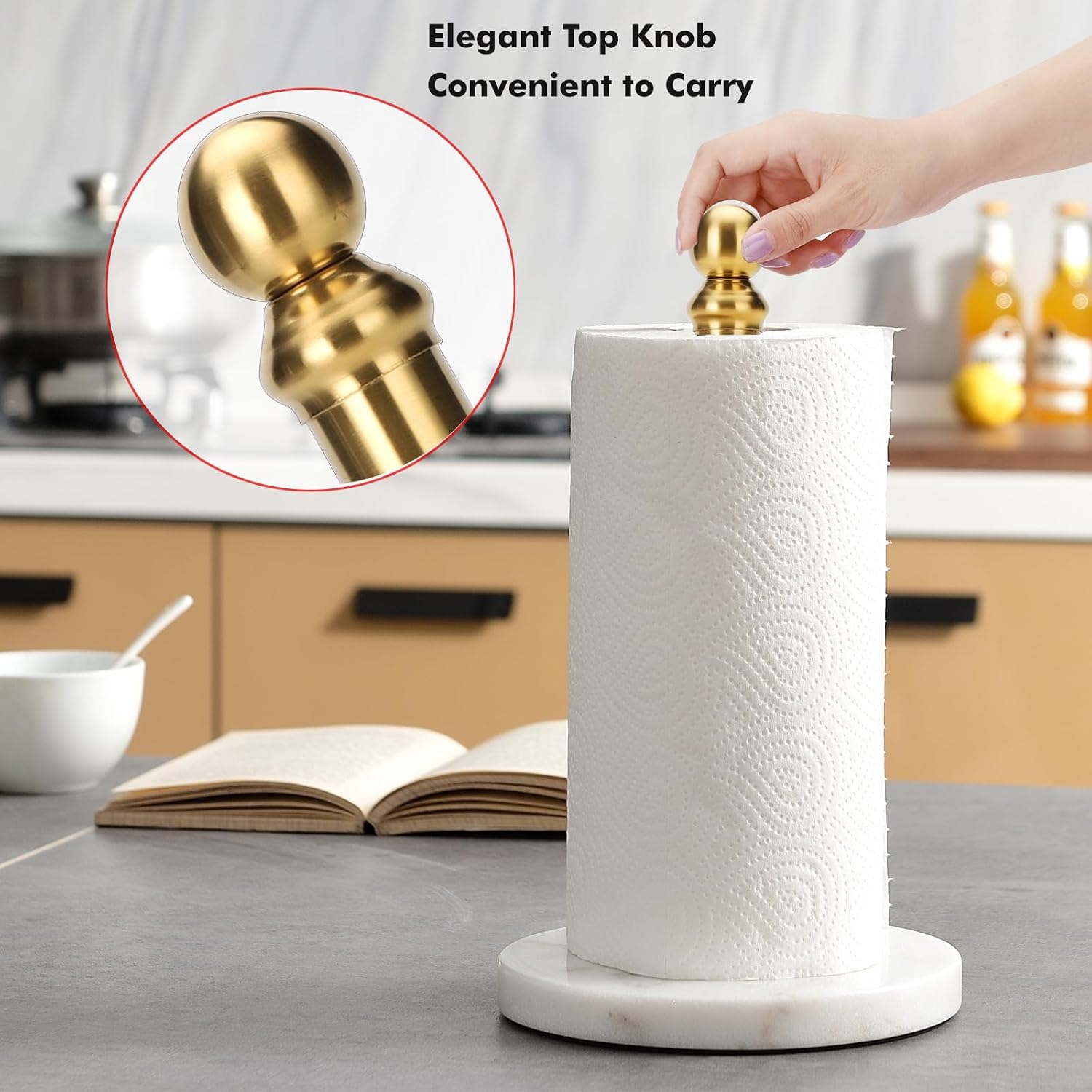Exilon Gold Paper Towel Holder Countertop, Standing Paper Towel Roll Holder for Kitchen Bathroom, with Weighted Base