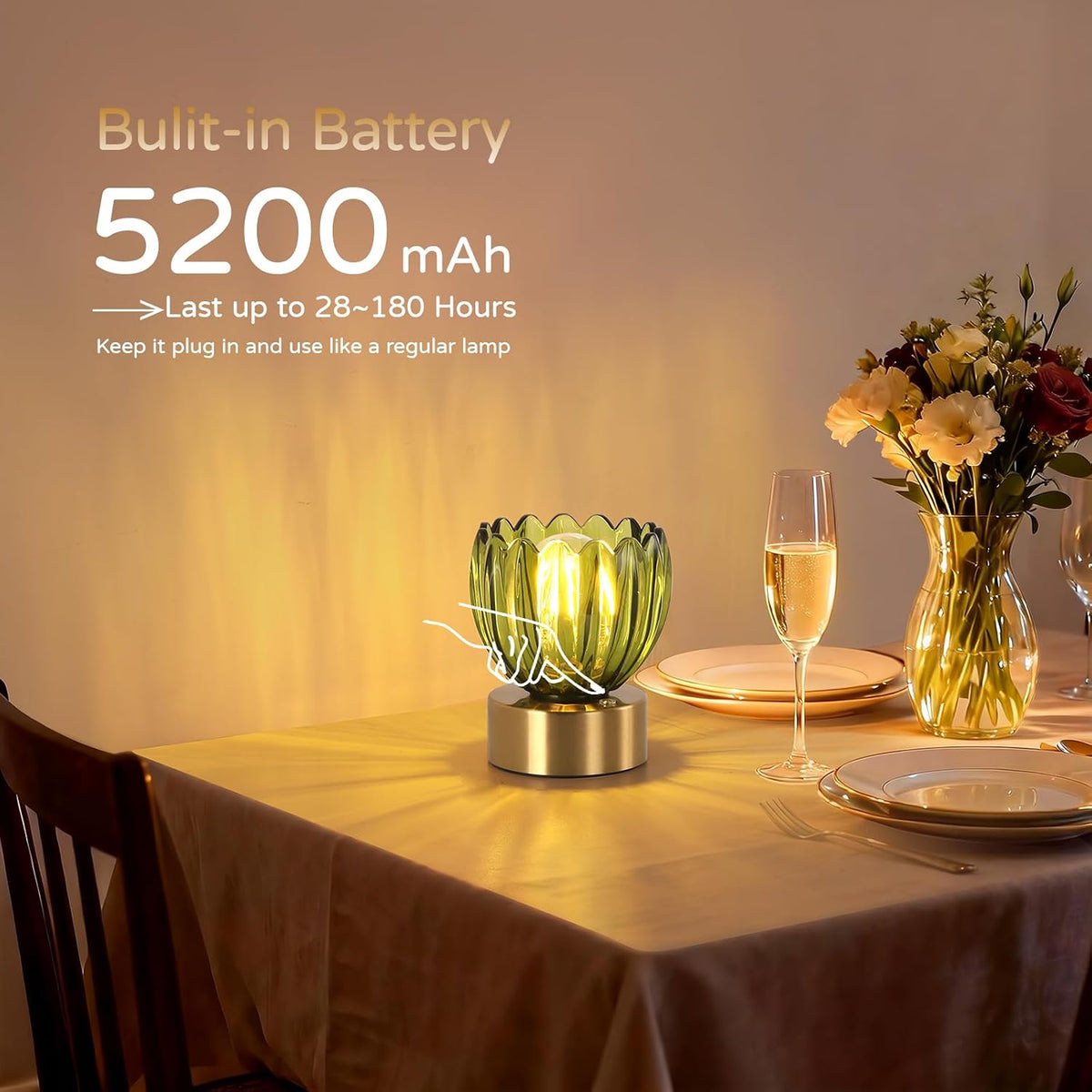 Shenmoyl Cordless Small Table Lamp with 5200mAh Battery & Touch Control, Battery Operated Tulip Table Lamp with 3