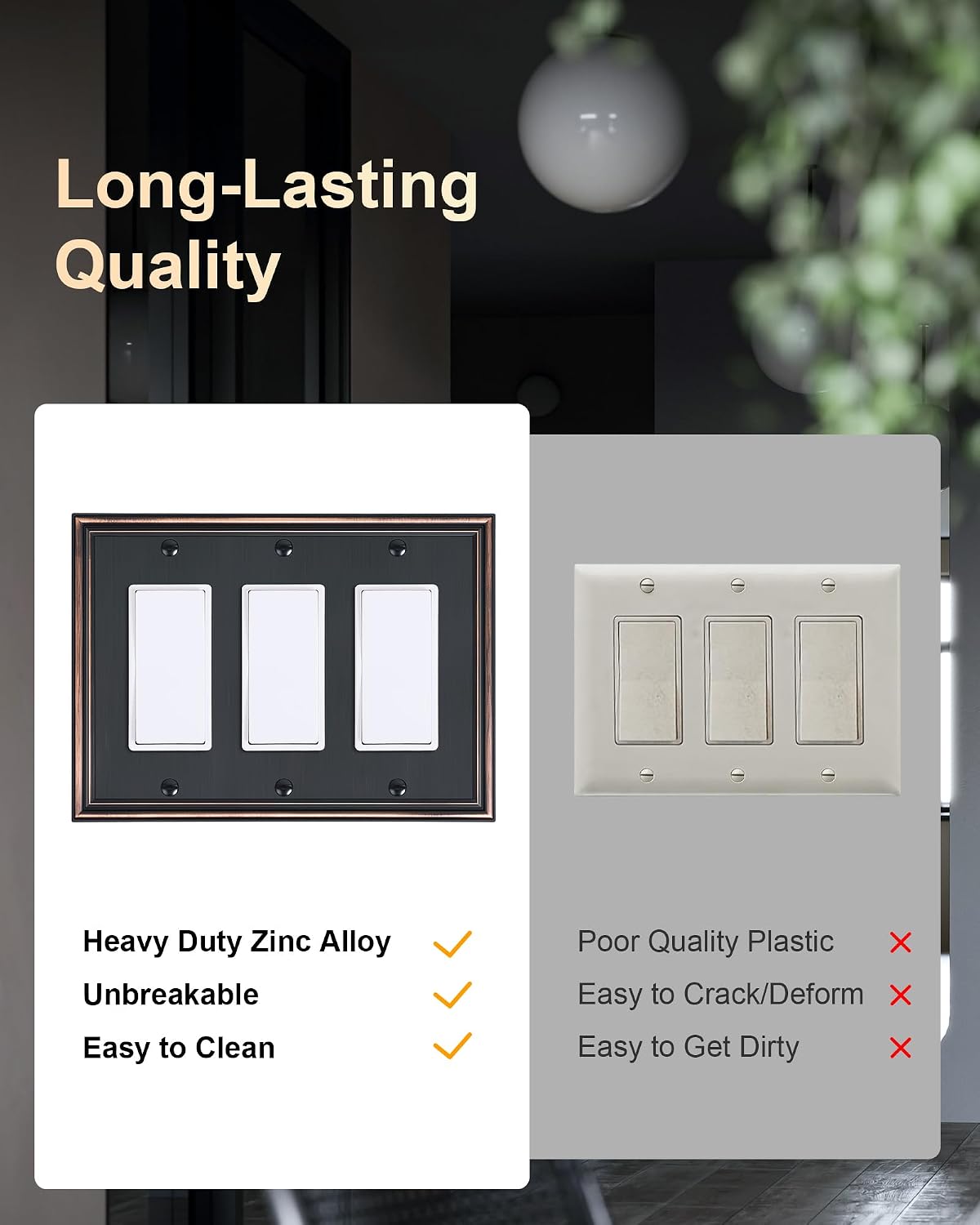 2-Pack Zinc Alloy Tripple Decorator Outlet Cover Plate, Solid Switch Cover | Durable Wall Plates for Electrical