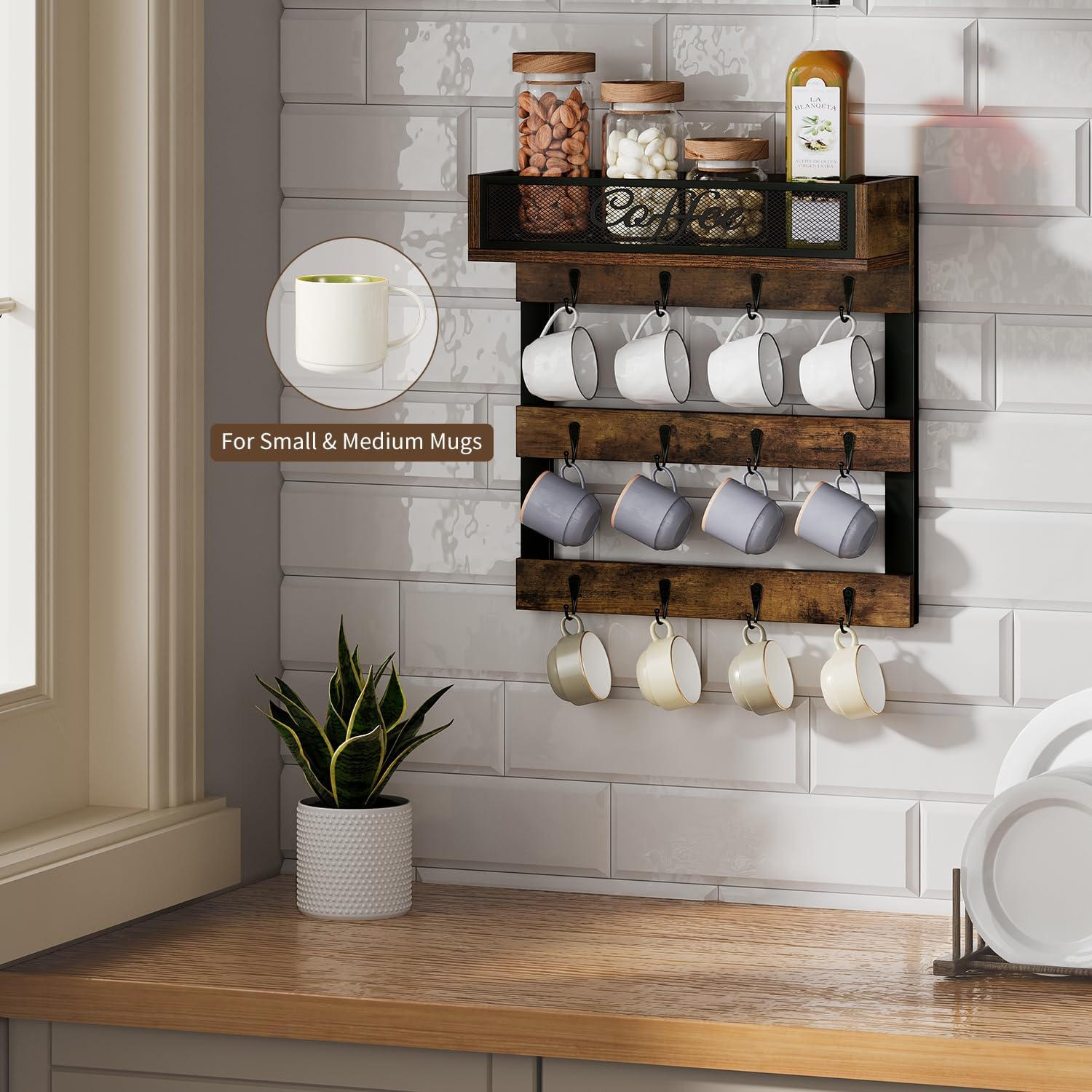 YINMIT Coffee Cup Holder Wall Mounted, 12-Hook Mug and Shelf for Coffee Bar | Rustic Coffee Mug Holder with Plus a Top