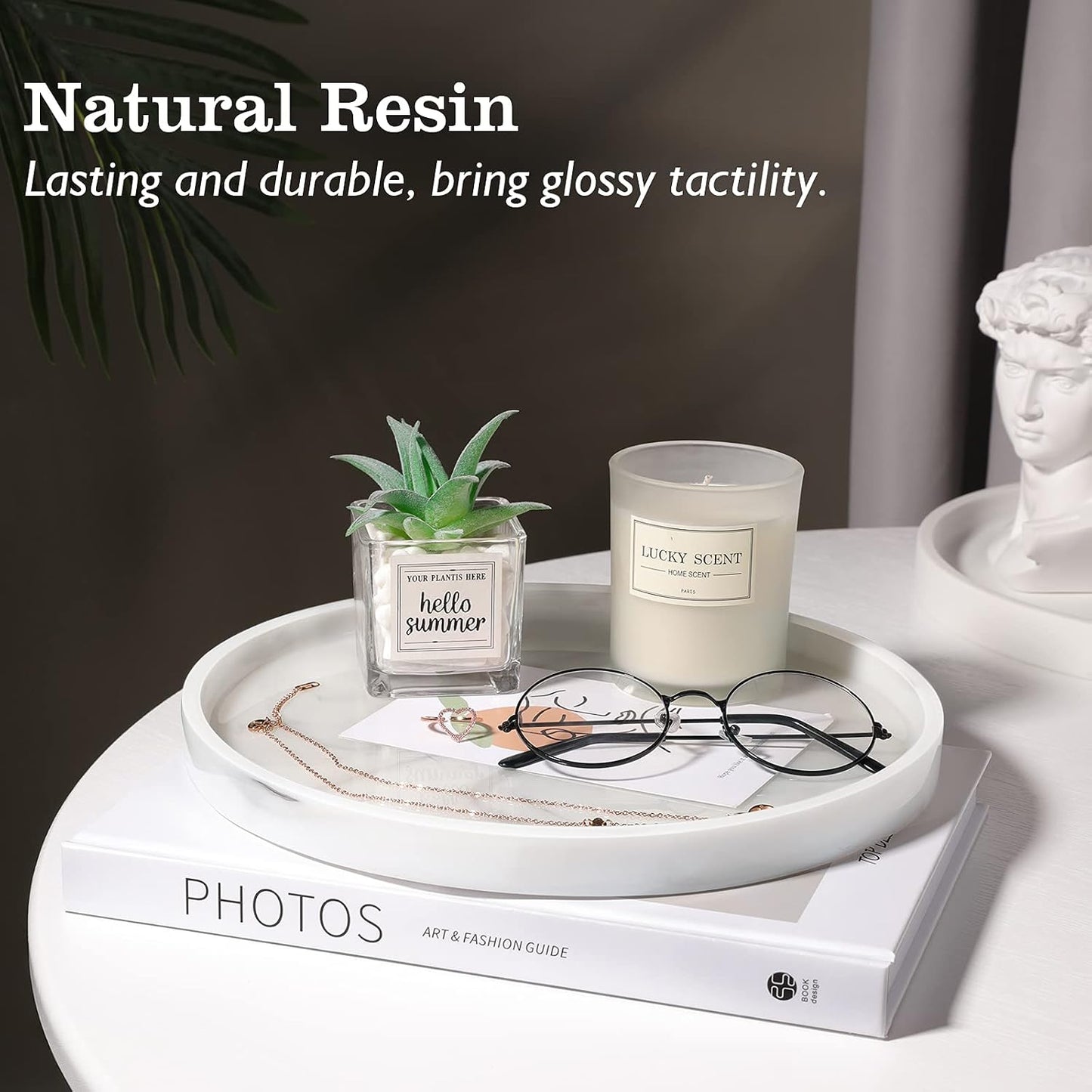 Vanity Tray / Resin Round Tray Decorative Storage Organizer / Round Marble White
