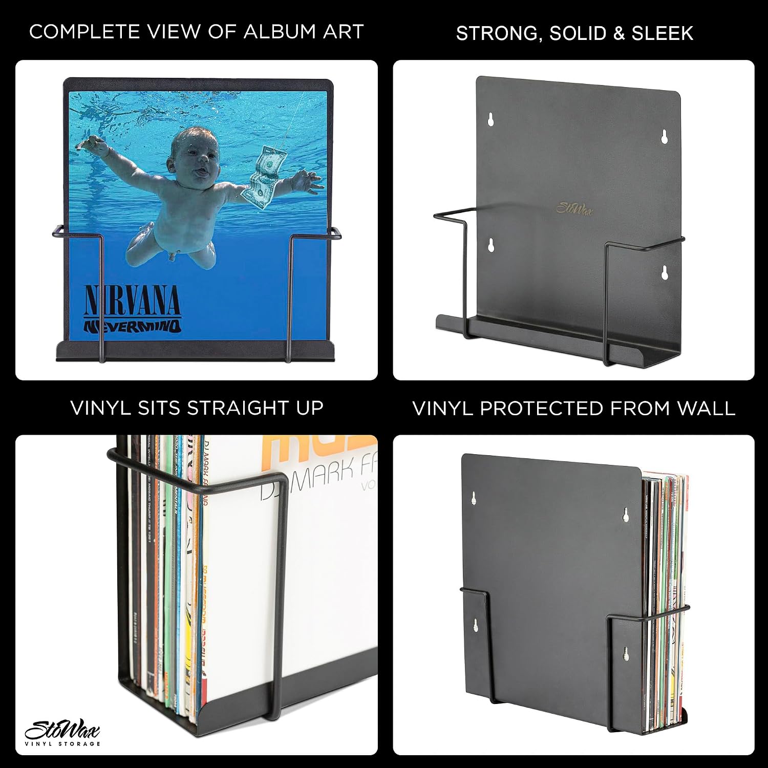 Vinyl Record Storage Wall Mount Display Shelf - Matte Black 2-Pack | Premium one-piece solid-steel record holder