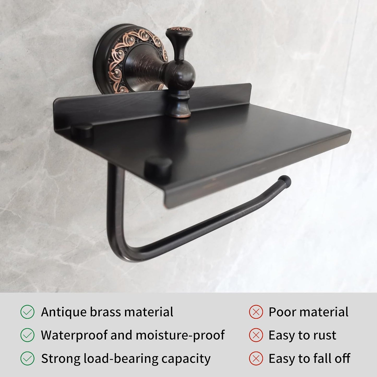 Oil Rubble Bronze Brass Bath Toilet Paper Holder with Phone Shelf, Wall Mounted Black Bathroom Hardware Accessories