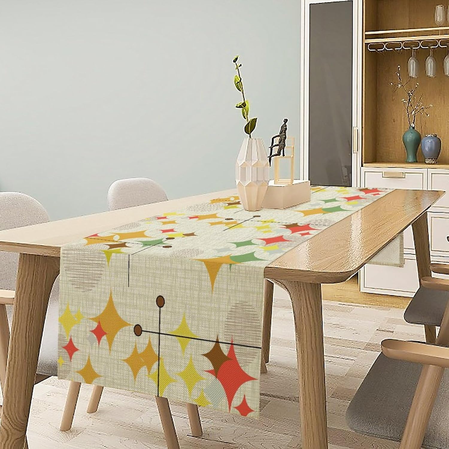 Mid Century Kitchen Table Runner,Abstract Aesthetic Geometric Mid Century Retro Modern Patterns Printed Linen Table