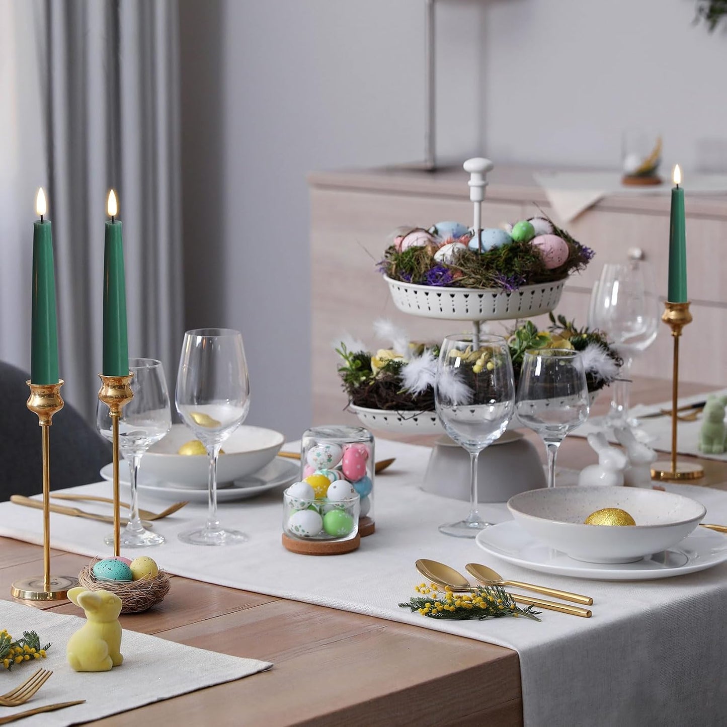 Short Green Flameless Taper Candles with Remote Set of 6 | Flickering LED Candlesticks, Real Wax Coating, 2 AAA Battery