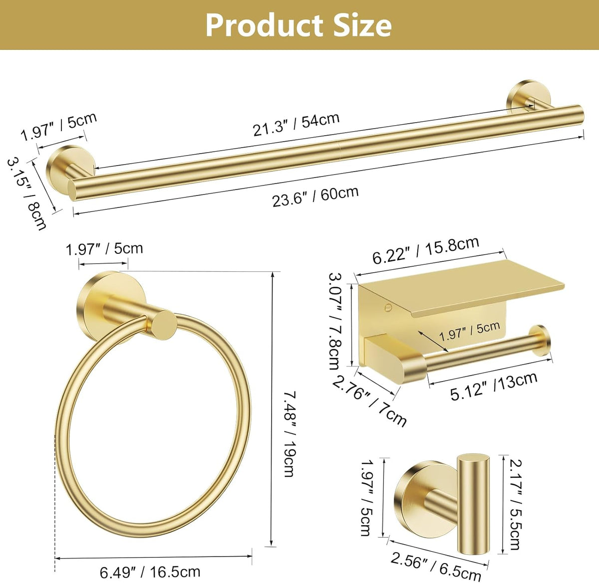 TQKAG 5 Piece Bathroom Hardware Set, Brushed Gold Bathroom Accessories | SUS304 Stainless Steel, 23.6" Brushed Gold