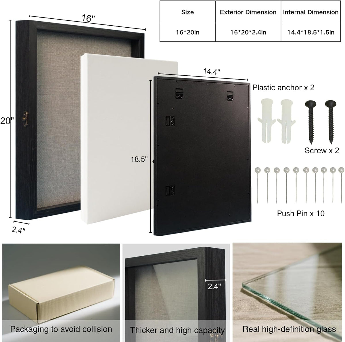 16x20 Nature Wood Black Shadow Box Frame, 1.57" Deep Glass Door with Lock | Solid Hardwood, Front Glass Door & Lock
