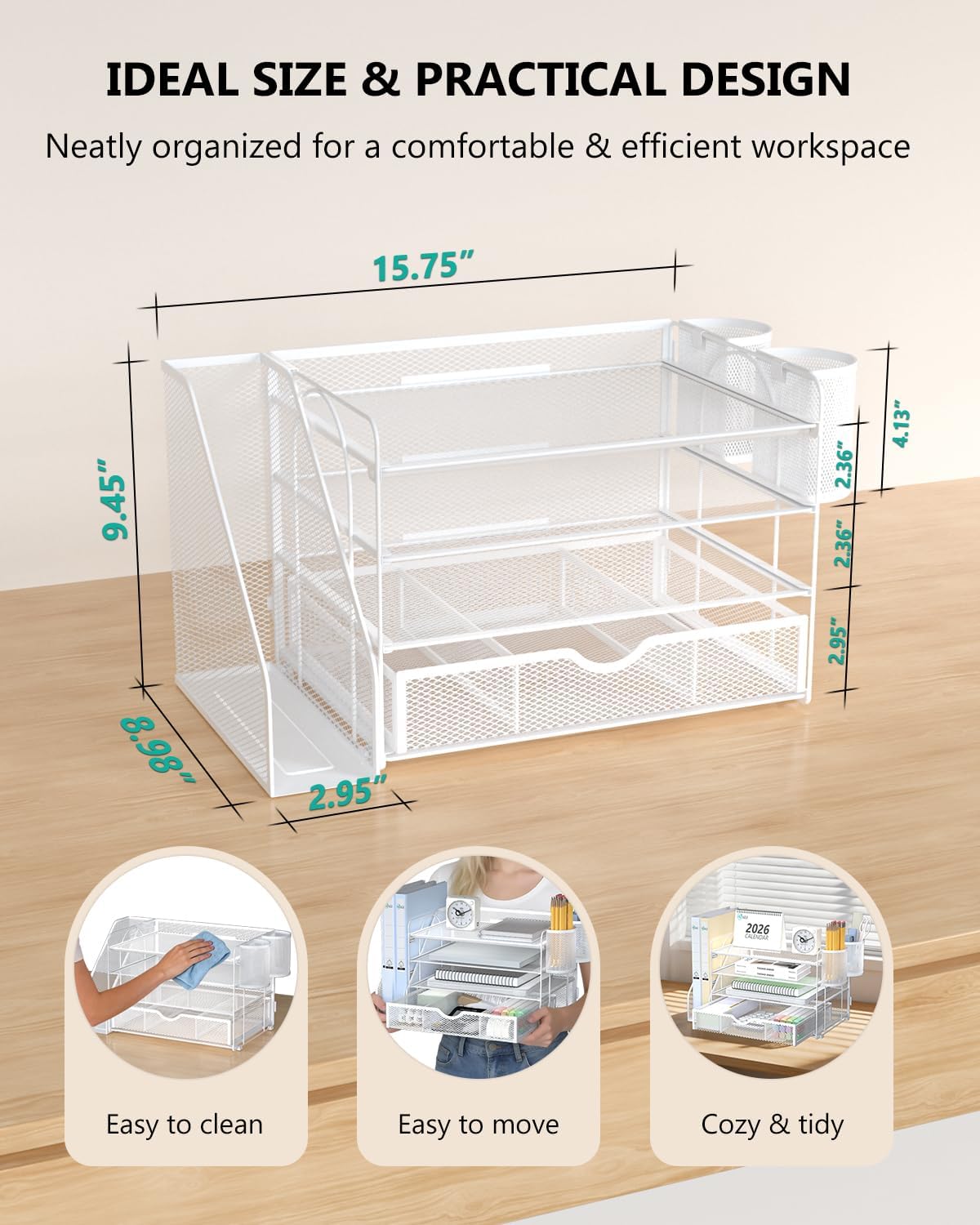 WALI Desk File Organizer, 4 Tier Desktop Paper Letter Tray Organizer with Drawer and 2 Pen Holders, Office Desk