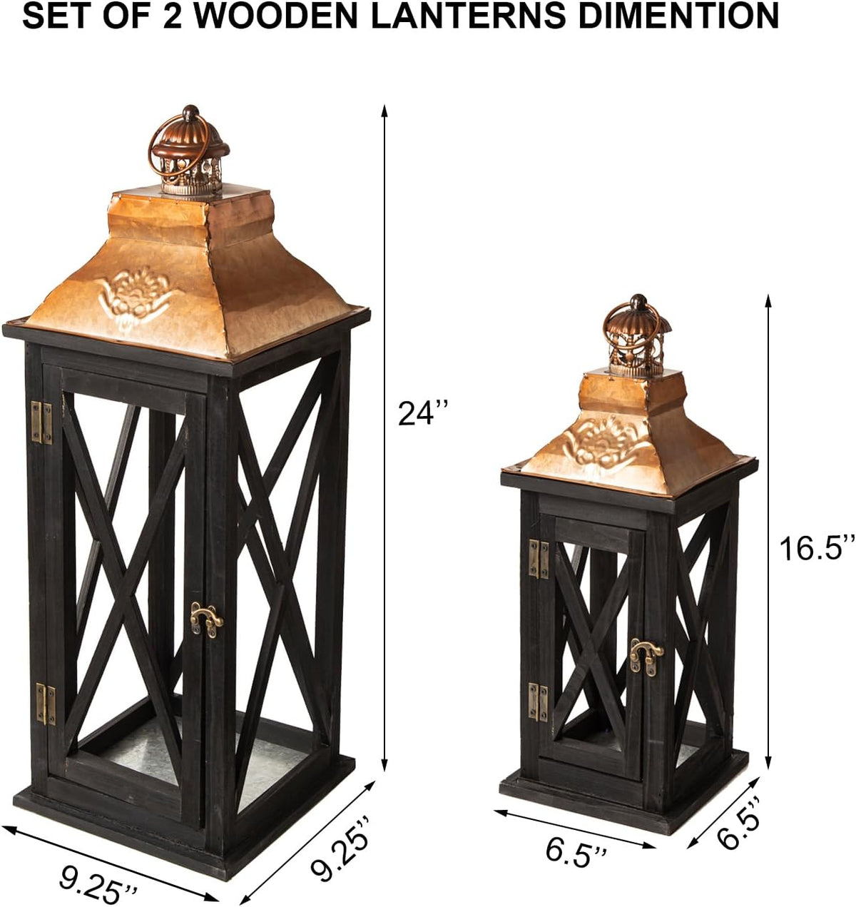 Large Farmhouse Wooden Lanterns with Metal Top, Decorative Floor Lanterns Set of 2, Black Frame with Rustic Gold