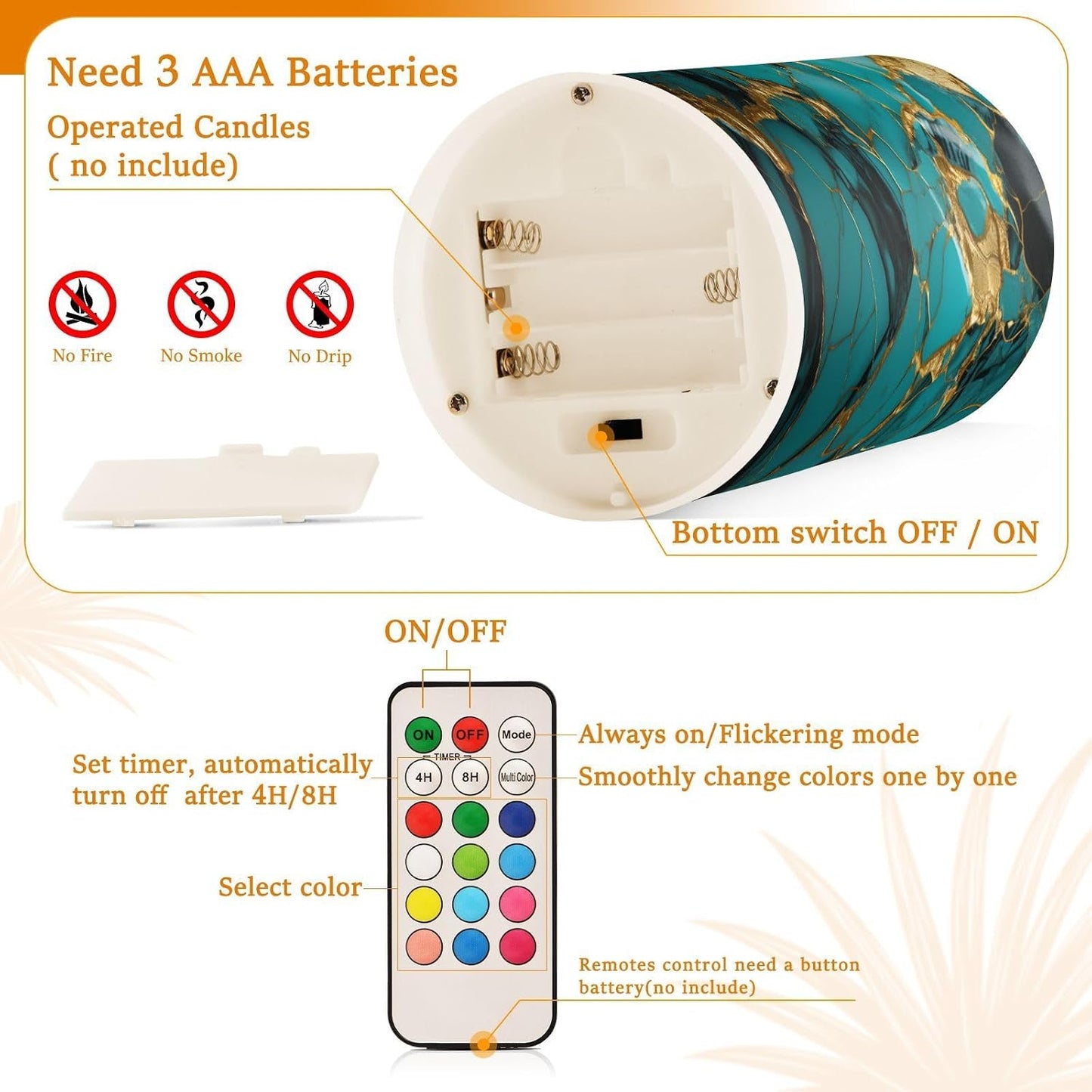 Flickering Flameless Candles, Turquoise Golden Marble LED Candles with Remote Timer, Set of 2 Battery Operated Candle