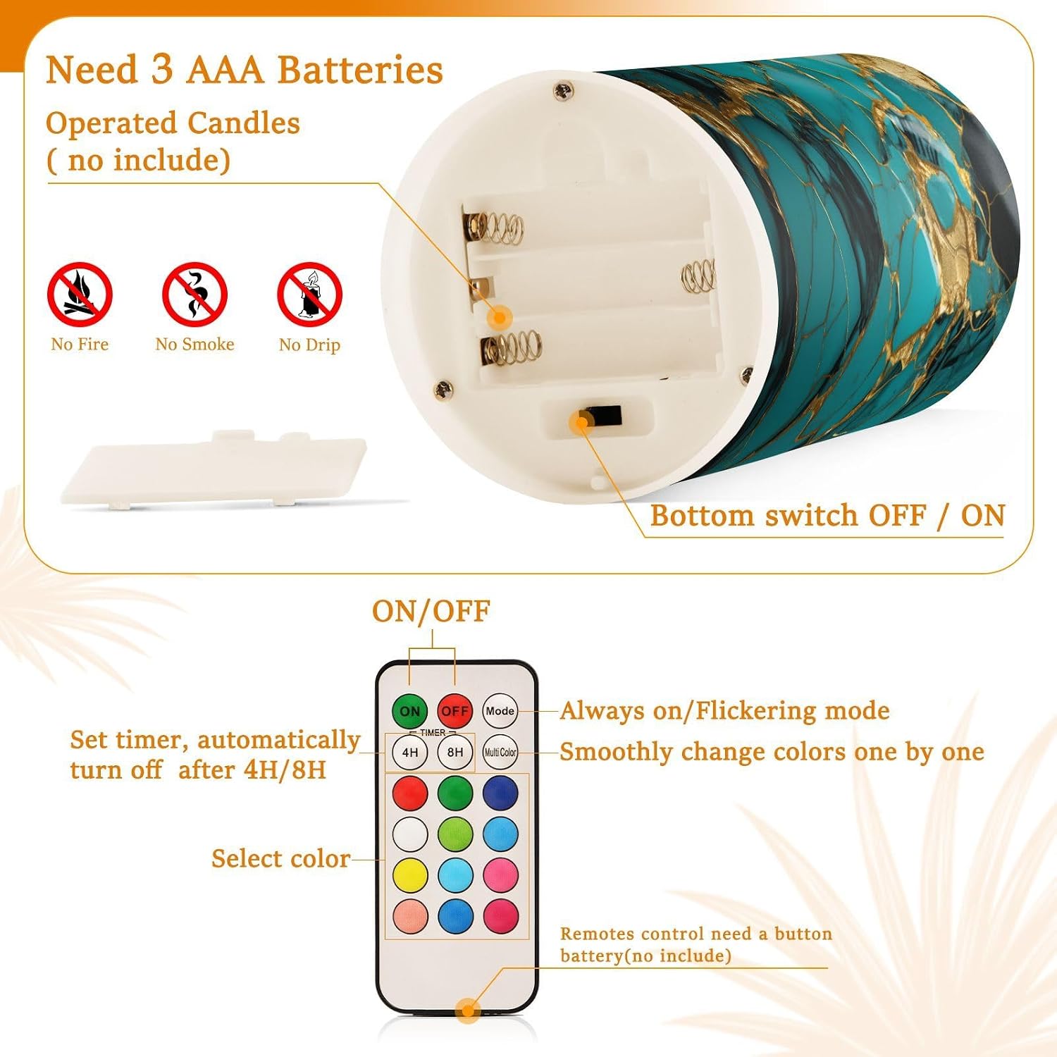 Flickering Flameless Candles, Turquoise Golden Marble LED Candles with Remote Timer, Set of 2 Battery Operated Candle