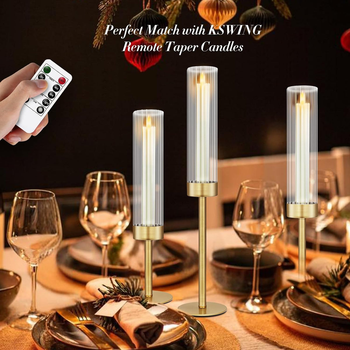 Glass Hurricane Candlestick Holders Gold, KSWING Set of 3 Taper Candle Holders Brass Tall Clear Candle Stand Holders