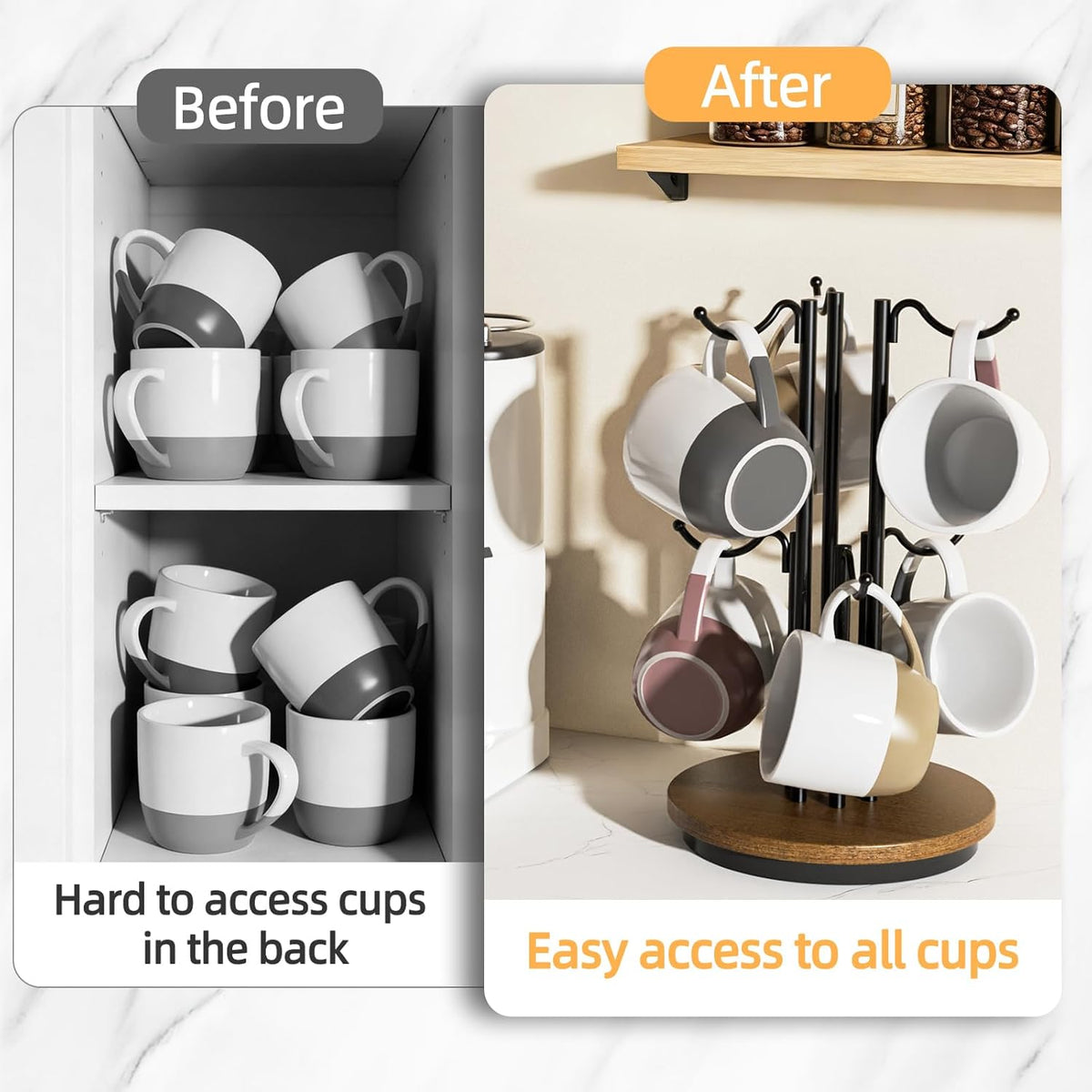 6-Hook 360° Rotating Large Coffee Mug Tree for Counter, Wood Base, Brown | 360° rotation, 6 mugs (12-16oz), 5.7"