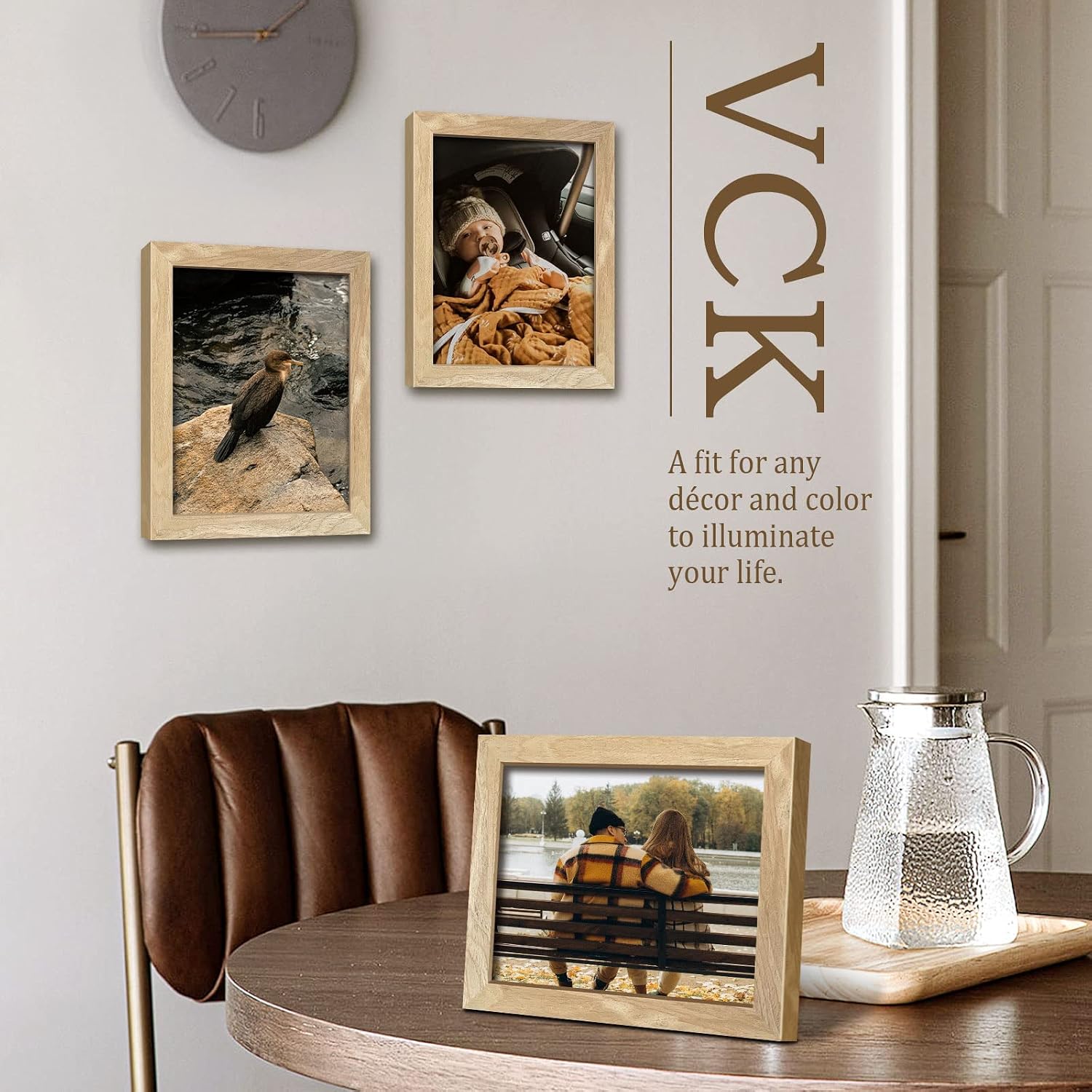 VCK 8x10 Picture Frame Set of 3, Natural Solid Wood, Wall/Tabletop Display | Wide Border, Light Woodgrain, Shatterproof