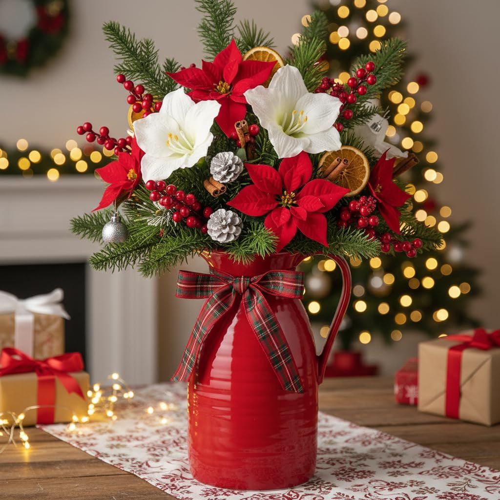 Farmhouse Pitcher Vase for Flowers- Ceramic Pitcher Vase Red Decorative Pitcher / Red - Pitcher Vase
