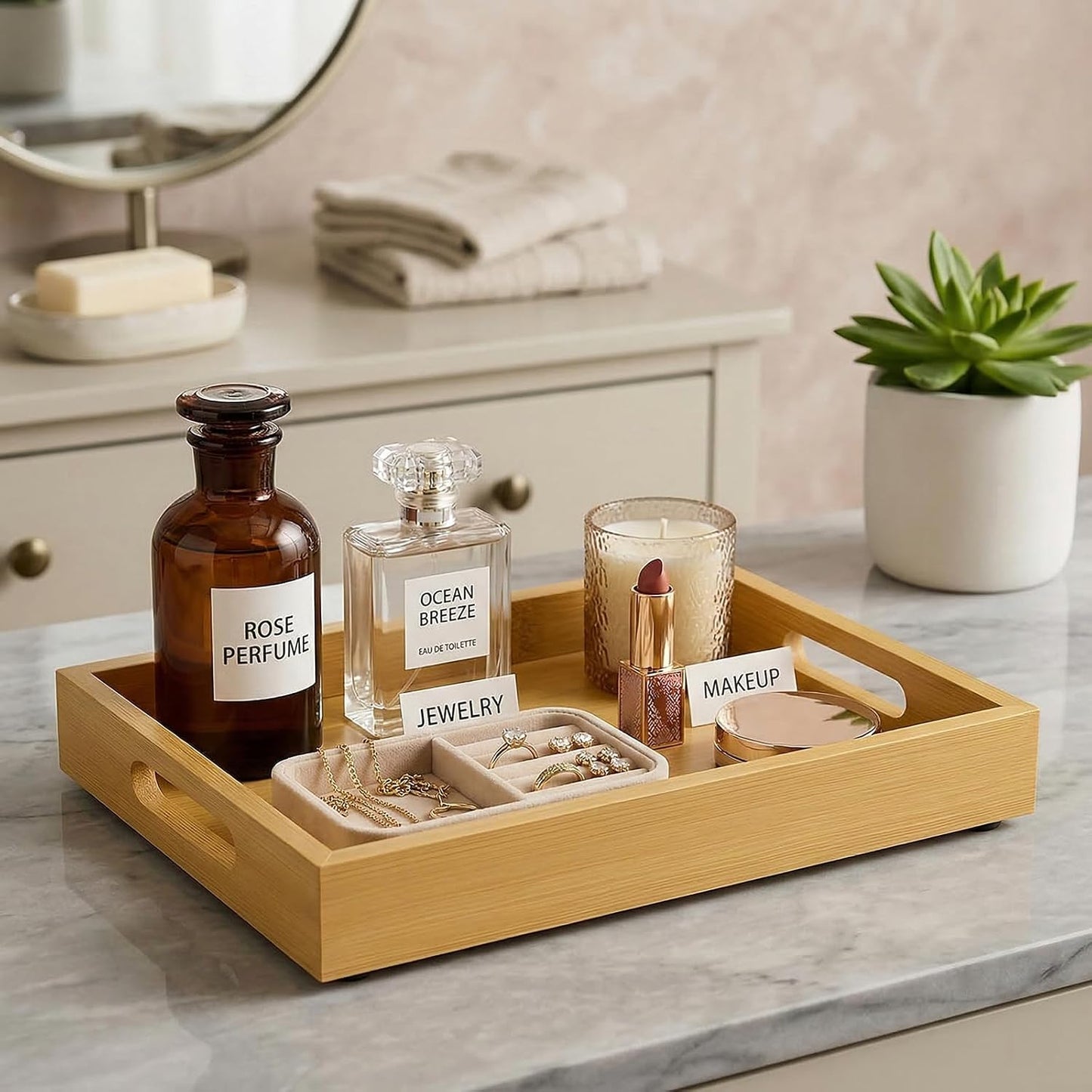 Bamboo Wood Display Tray for Dresser / Natural / 11.4 x 7.9