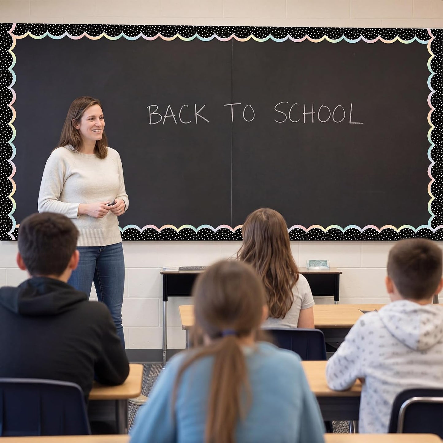 Bulletin Board Borders for Back to School Classroom and White Polka Dot Scalloped / Pastel / Black