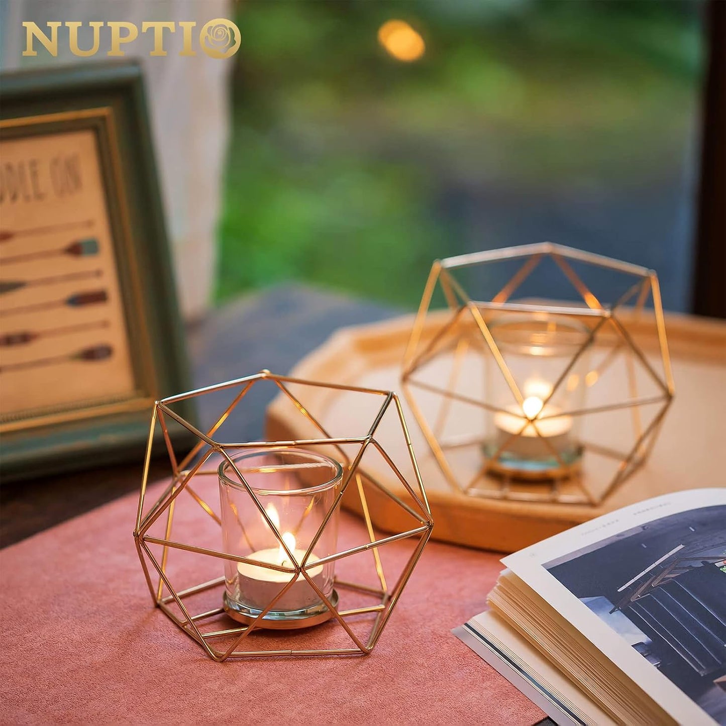 NUPTIO Tea Light Candle Holders - Votive Candle Holder for Tealight & Pillar Candles Geometric Gold Candle Stand for