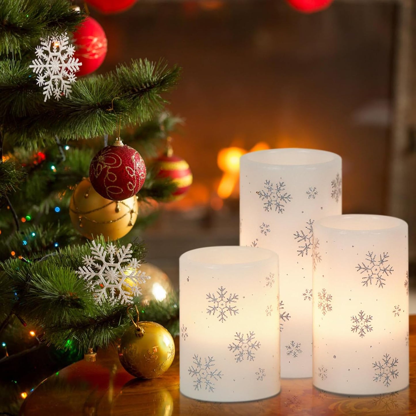 Silver Snowflake Flameless Candles Battery Operated with 6H Timer | LED Pillar Candles Flickering, Real Wax Warm Light