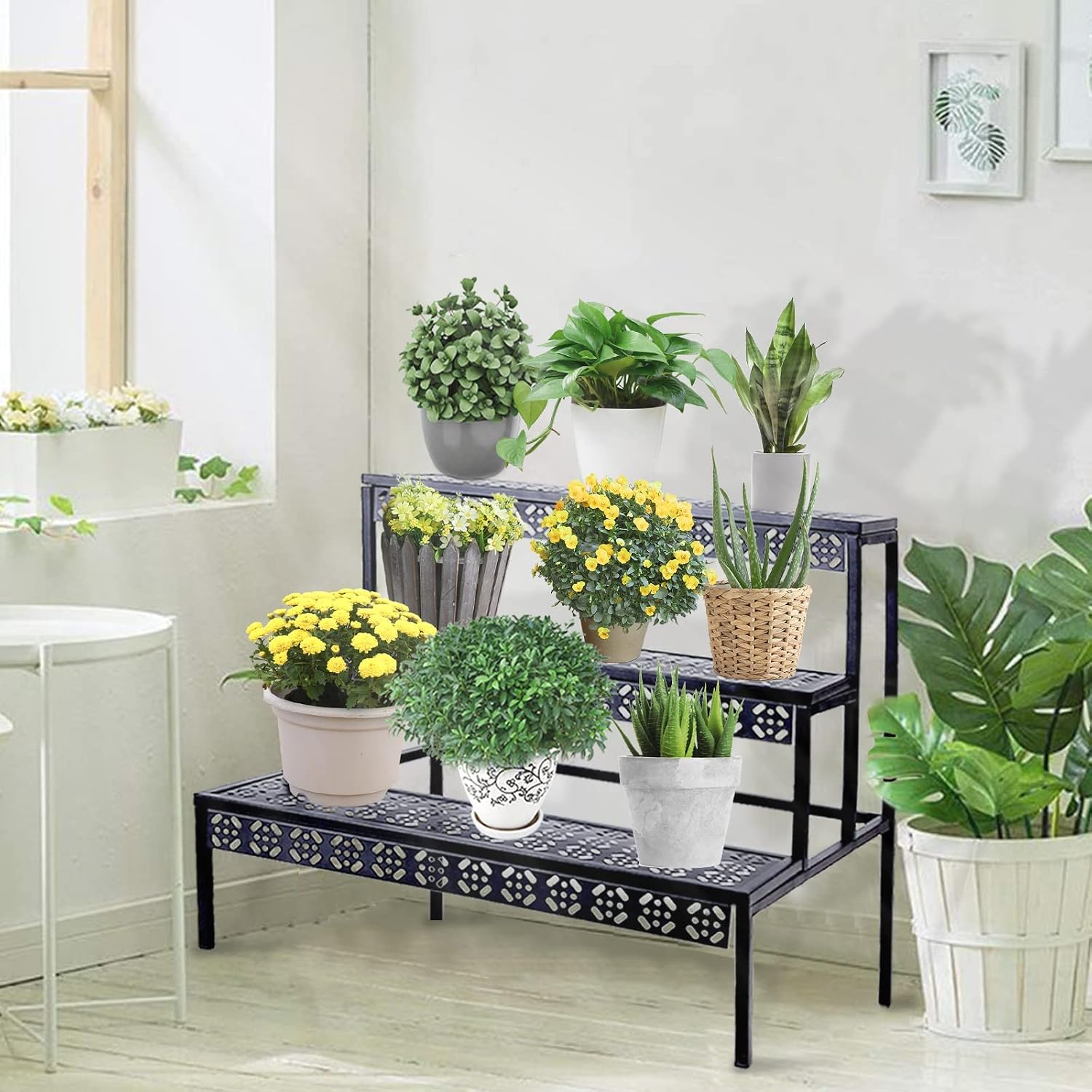 aboxoo 3-Tier Stair Style Metal Plant Stand, Large Indoor Outdoor Shelf | Holds multiple flower pots,Indoor/outdoor