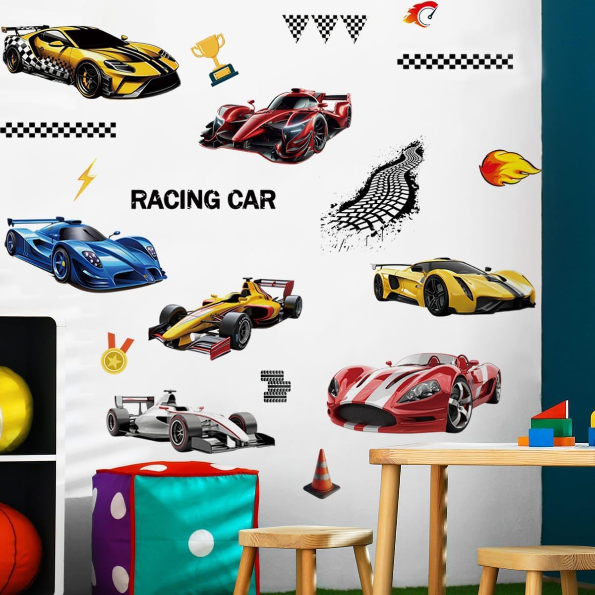 Racing Car Wall Decals Wheels Vehicle Wall Stickers for Boys Bedroom Kids Playroom Baby Nursery