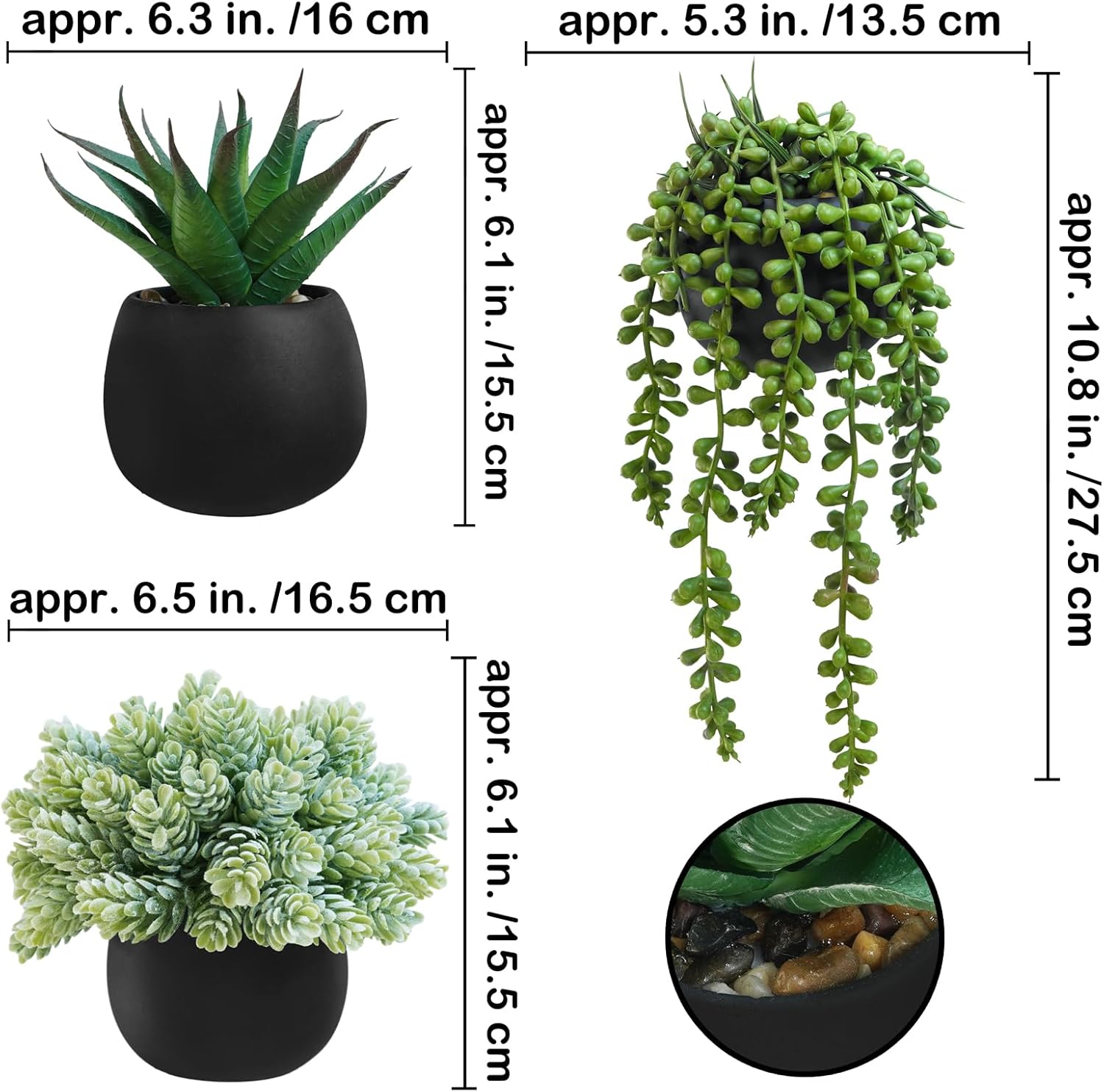Artificial Succulent Plants in Black Concrete Pots Faux Aloe Hops String / Black Pots / Set of 3