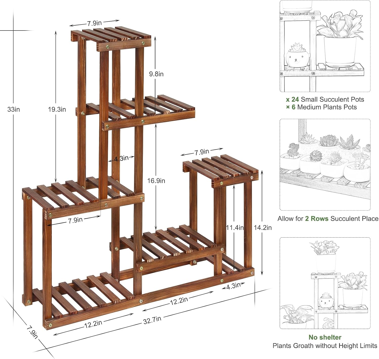Wood Plant Stand Indoor Outdoor Multi Tiered Plant Shelf Holder | Corner High Low Flower Rack Stand for Multiple Plants