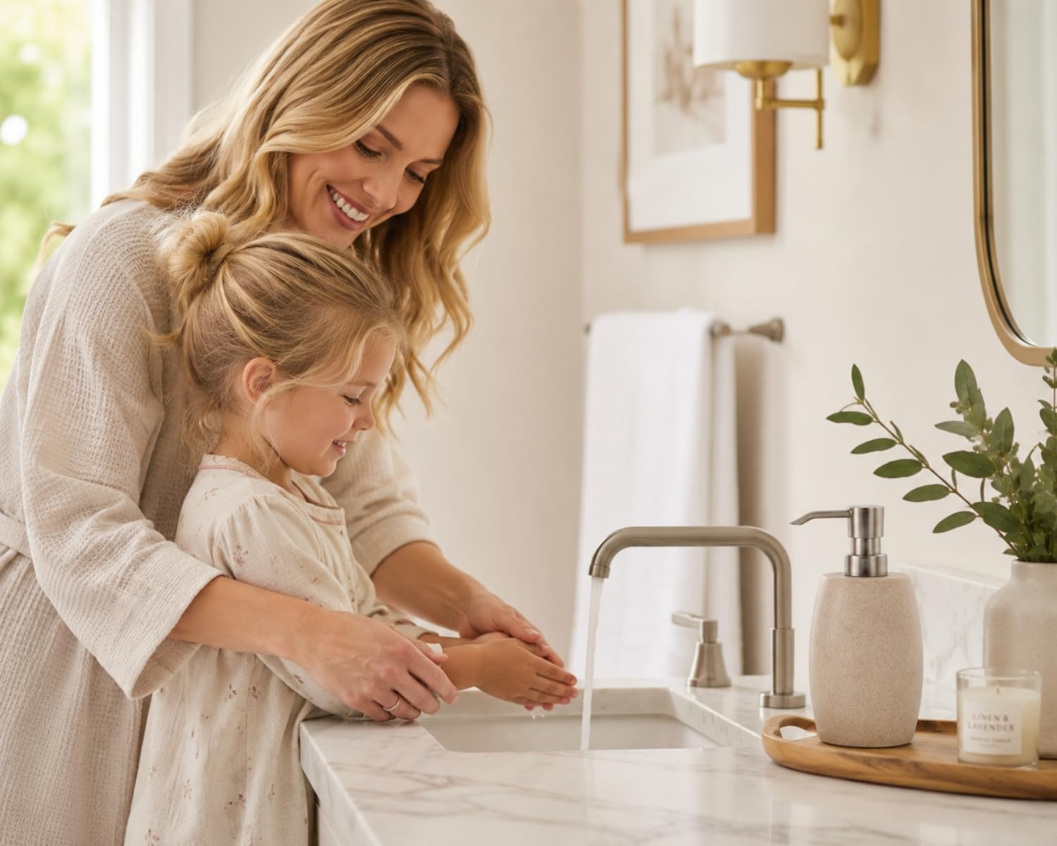 Clasin Home Sandstone Textured Resin Soap Dispenser with Metallic Pump and Waterproof Bottle Labels for Bathroom