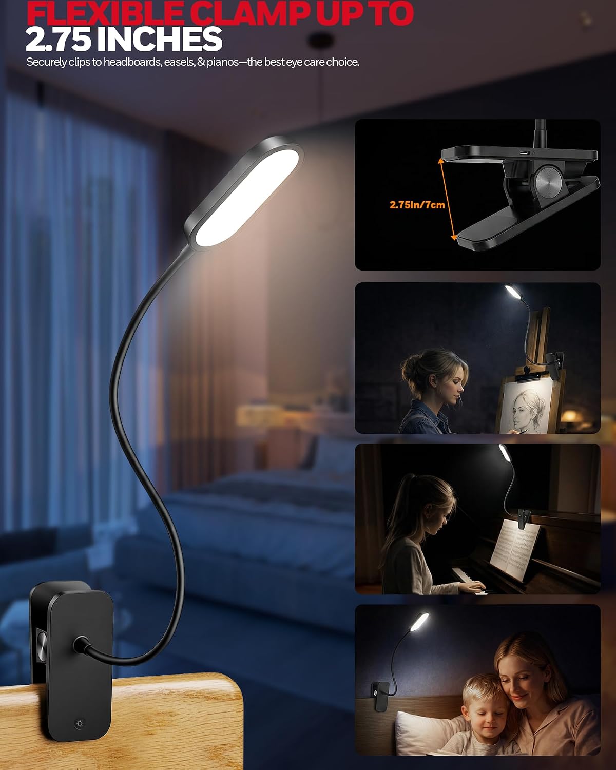 Honeywell Clip On Reading Light, Rechargeable Gooseneck CRI95 4000K Dimming | 2000mAh Battery,Touch Desk Lamp White