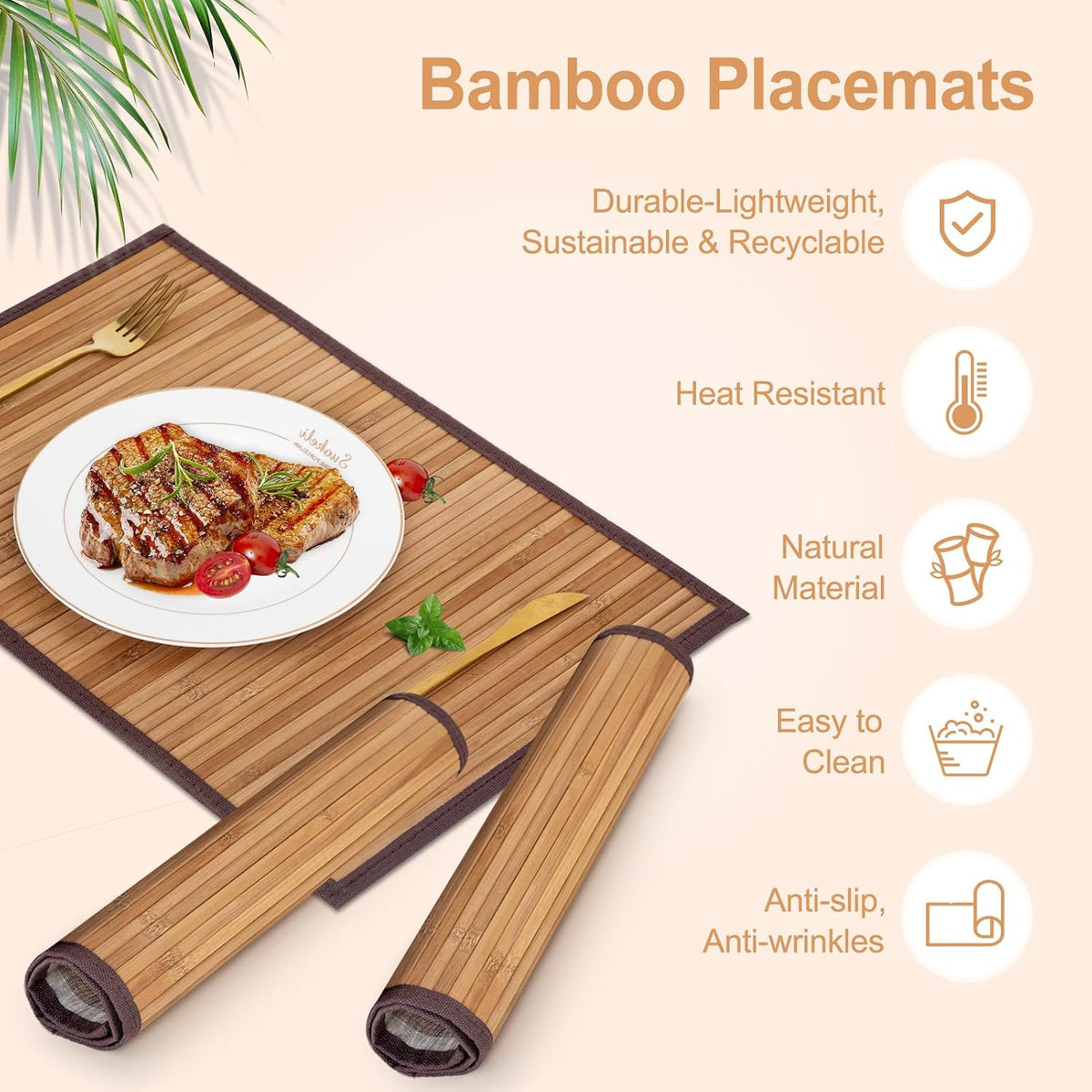 Bamboo Placemats Set of 8 with Fabric Border, Table Mats, Camel | 18" x 12", Natural Bamboo Rectangular Place Mat, for