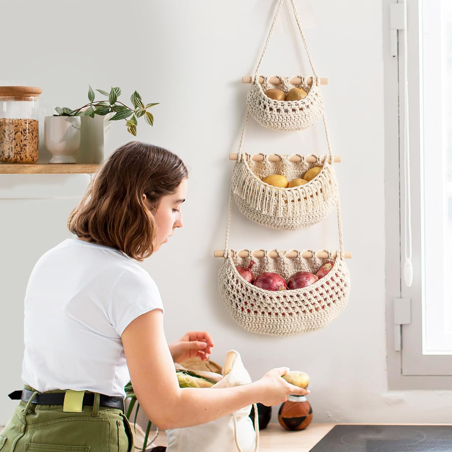 Handmade Woven Cotton Rope Wall Hanging Baskets for Organizing / White