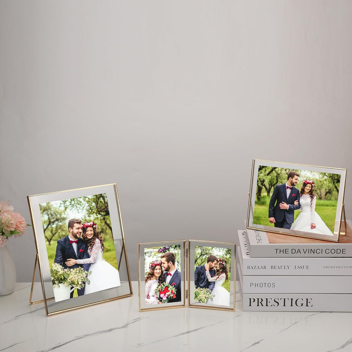 5x7 Triple Floating Frame,Metal Beaded Edge,Gold | Tempered glass, adjustable tabletop/shelf photo frame, for photo