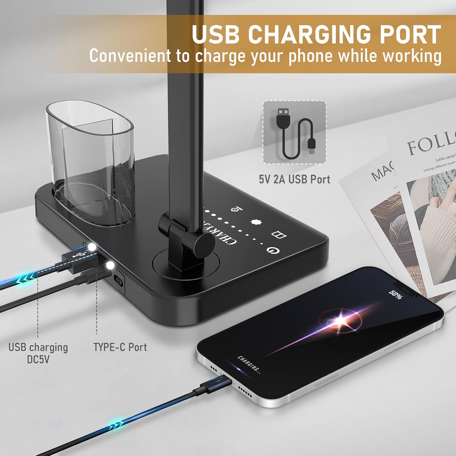 Dimmable LED Desk Lamp with USB Charging Port, 50 Lighting Modes Dual Swing Arm Architect Table Lamp Light Desk Lamp