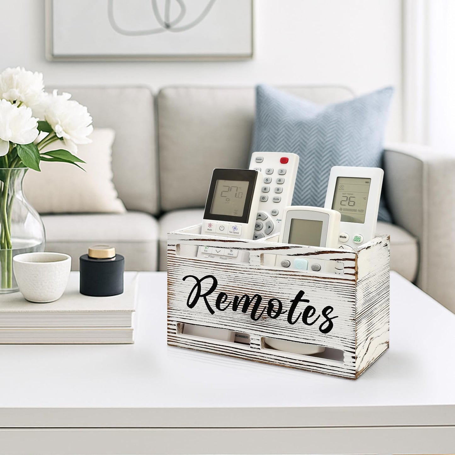 Wooden Remote Control Holder Wall Mount Remote Organizer / Rustic White / 2 Slot