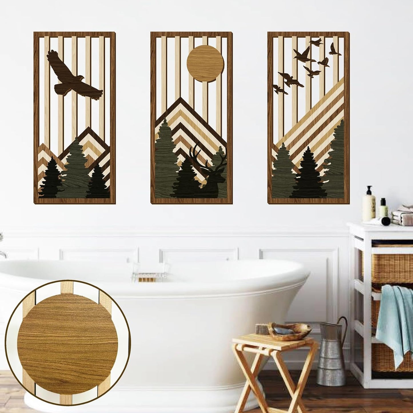 Wooden Boho Mountain Wall Art Mid Century Modern Wall Decor Nature / Brown Mountain / Set of 3