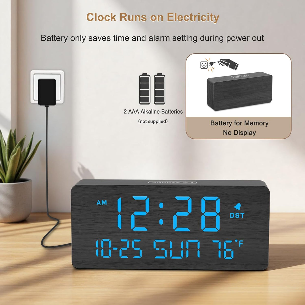 DreamSky Wooden Digital Alarm Clocks for Bedrooms with Date & Day of Week | Living Room Desk Clock, Temperature, USB