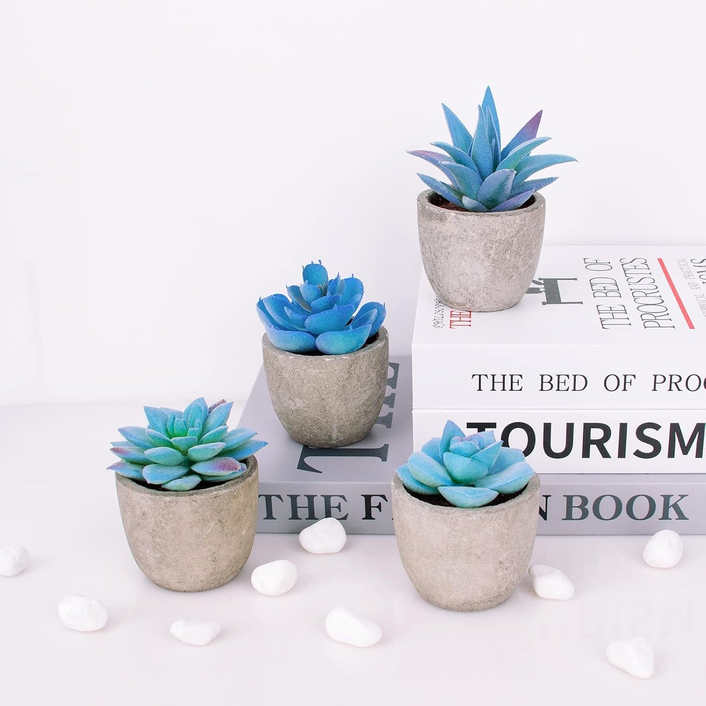 Fake Succulent Plants in Pots / Blue / Set of 4