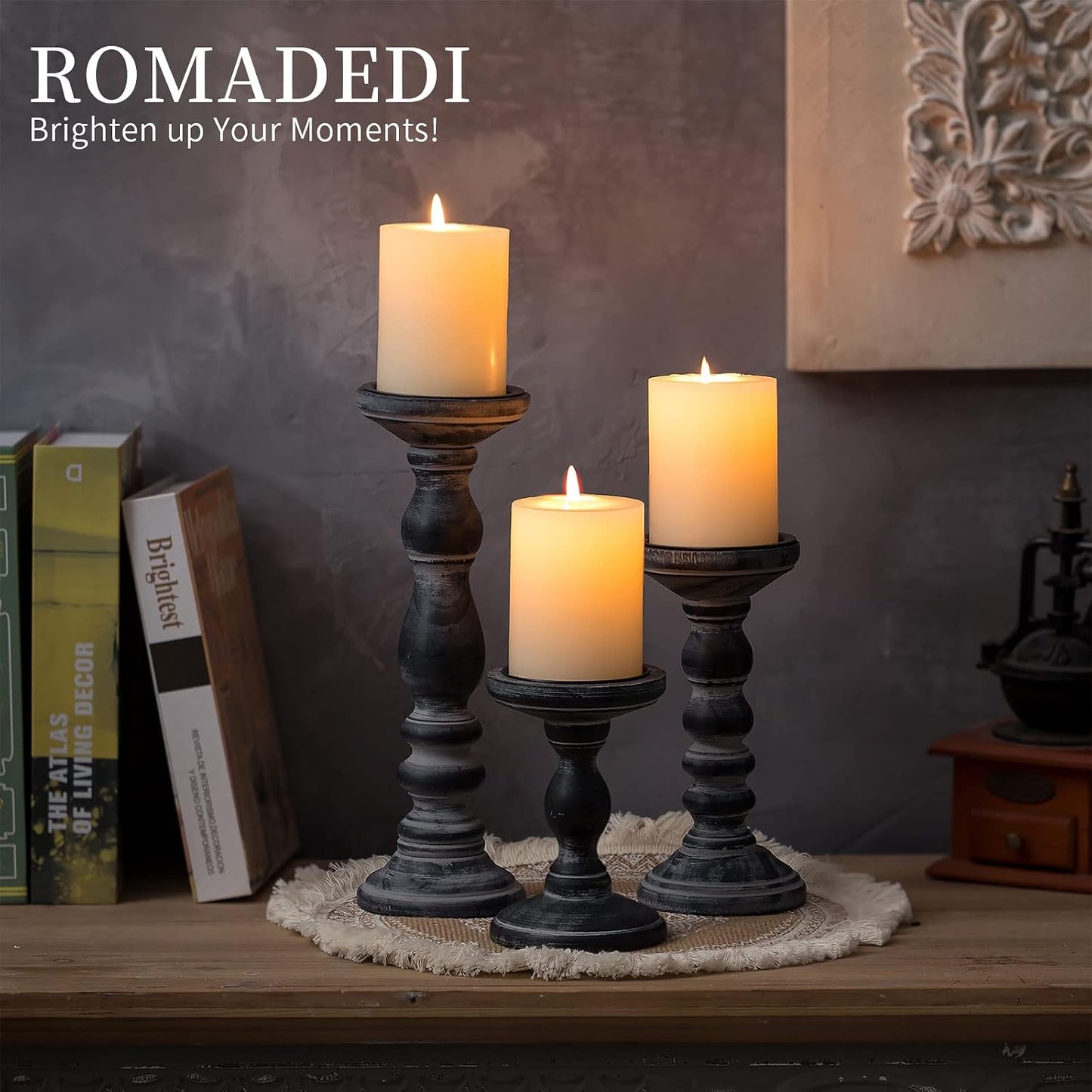 Romadedi Black and Gray Distressed Wood Pillar Candle Holders, Set of 3 | Rustic Farmhouse Wood Candle Set for Mantel