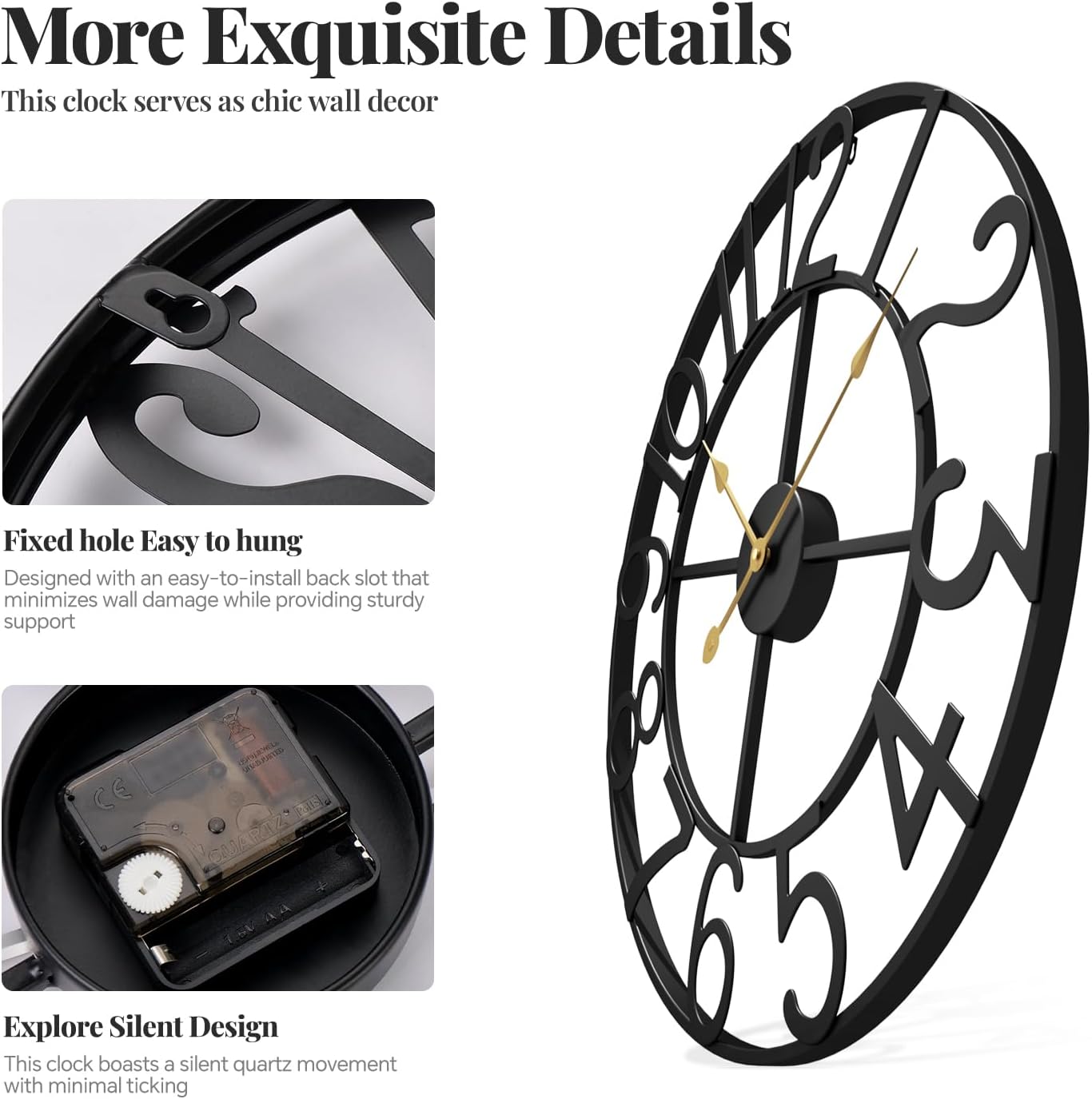 Cuspin Black Wall Clock 16 Inch Modern Clocks for Living Room Decor | Arabic Numerals, Battery operated, Silent non