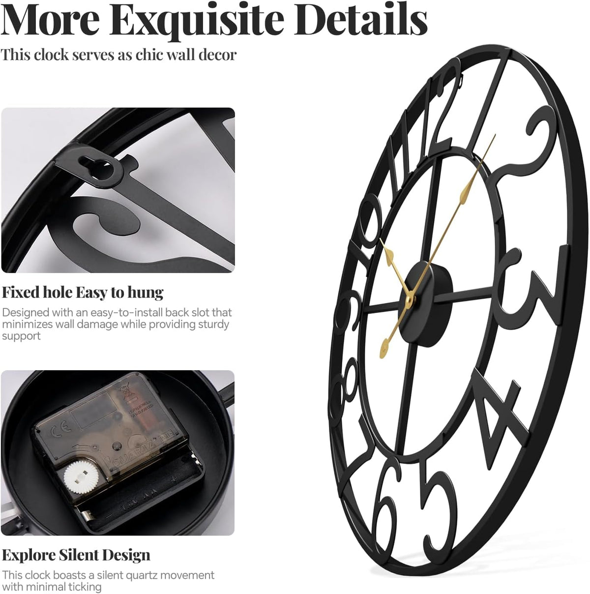 Cuspin 20 Inch Wall Clock for Living Room Decor Black Metal Round Clock | Battery operated, Silent non ticking, easy to