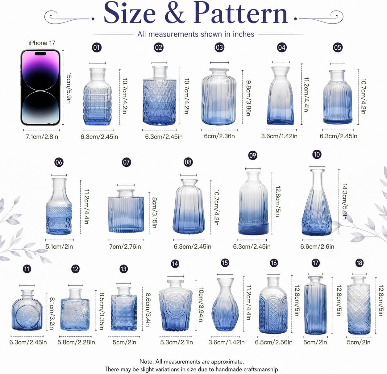 Glass Vase / Petal Petite Small Glass Bud Vase / Blue / Set of 18