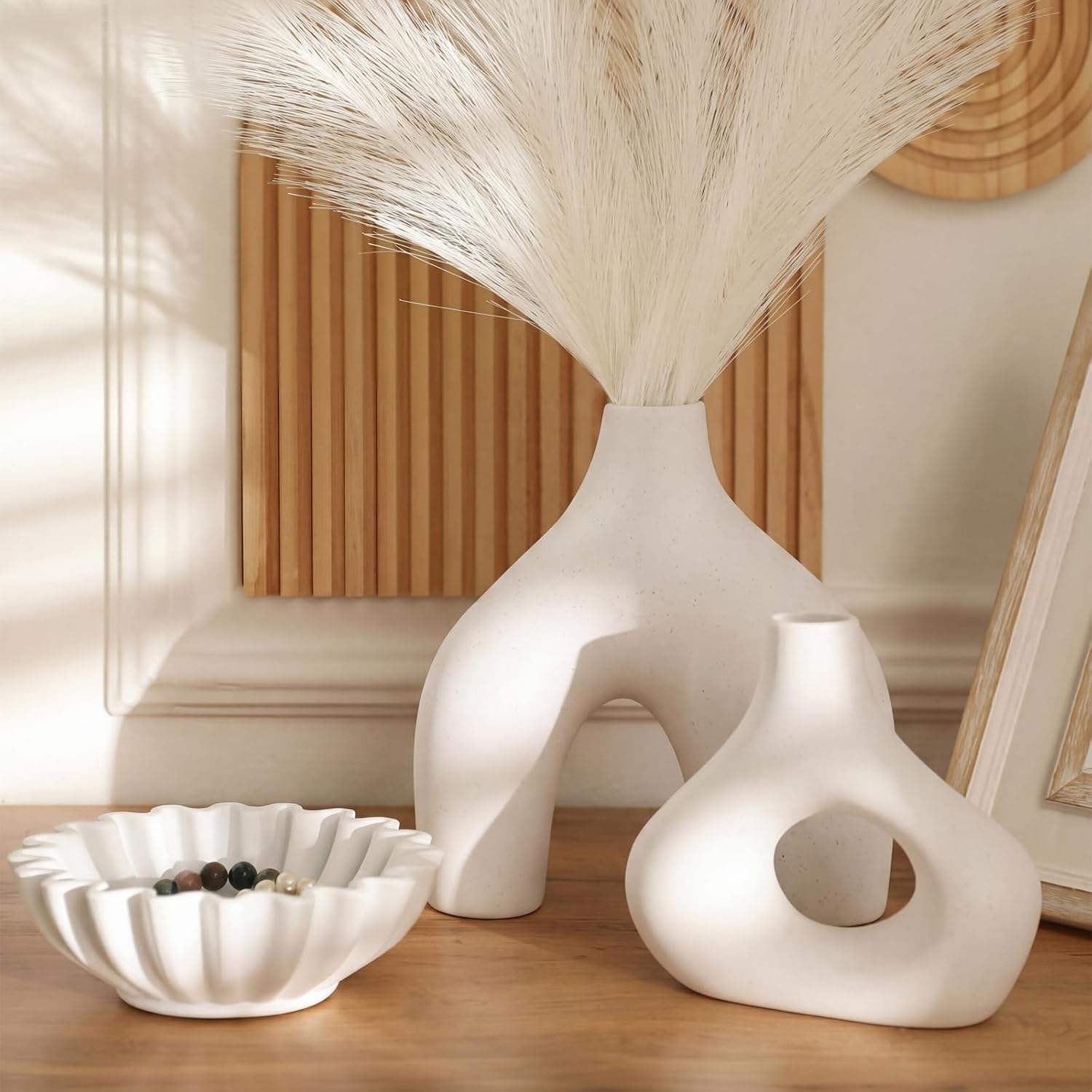 Mid Century Modern Decor Ceramic Donut Vases / White / Set of 2